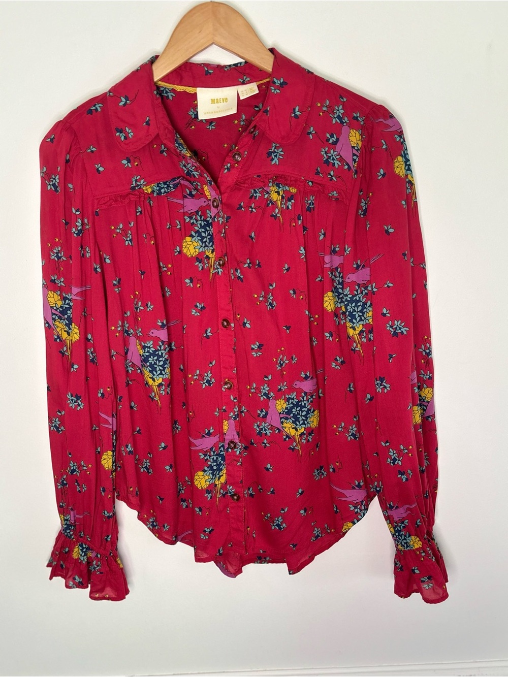 Maeve Anthropologie Fredericka Bird Floral Blouse Shirt Size 6 *Cottage Boho D17